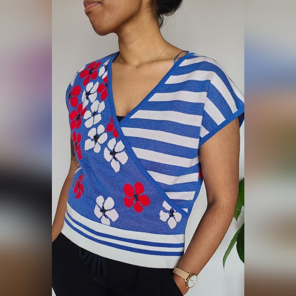 Vintage Vibe Mixed Pattern Criss Cross Box Knit Vest Floral & Stripes